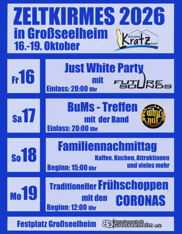 Die Zeltkirmes in Großseelheim findet vom 16. bis 19. Oktober 2026 auf dem Festplatz am Bürgerhaus statt und bringt vier Tage lang Party, Tradition und Dorfgemeinschaft zusammen.