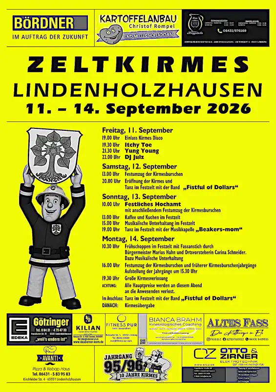 Die Zeltkirmes in Lindenholzhausen findet vom 11. bis 14. September 2026 statt und wird in diesem Jahr vom Jahrgang 2005/2006 ausgerichtet, der in der Logistik, beim Aufbau und der Bewirtschaftung des Zeltes tatkräftig von der Kirmesgesellschaft unterstützt wird.