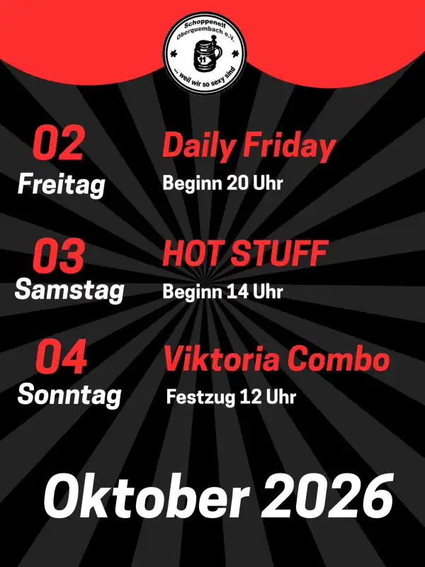 Die 44. Zeltkirmes in Oberquembach findet vom 2. bis 4. Oktober 2026 am Sportplatz Oberquembach in Schöffengrund statt und bietet an drei Tagen ein stimmungsvolles Festwochenende, das von der Burschenschaft „Schoppenelf“ organisiert wird.