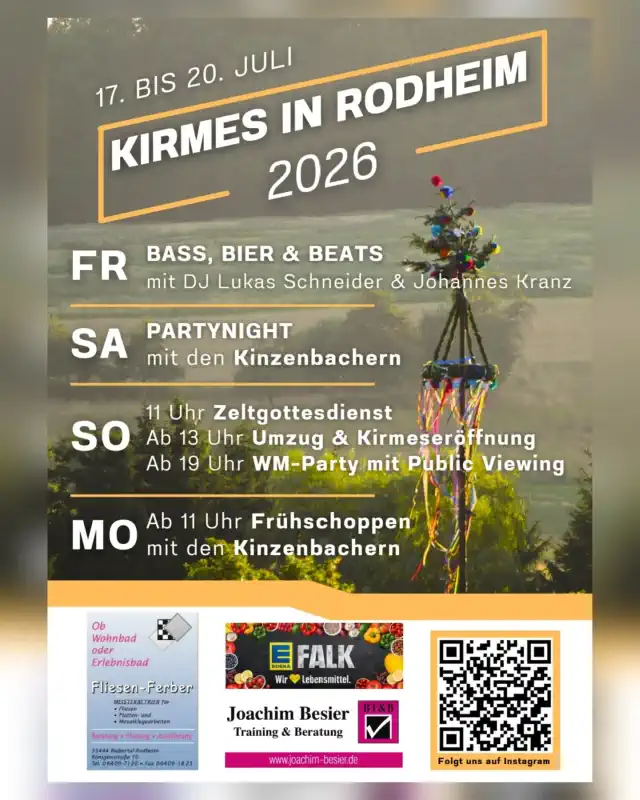 Die Kirmes Rodheim findet vom 17. bis 20. Juli 2026 als großes Open‑Air‑Fest auf dem Bürgerhausplatz vor der Gemeindeverwaltung statt.