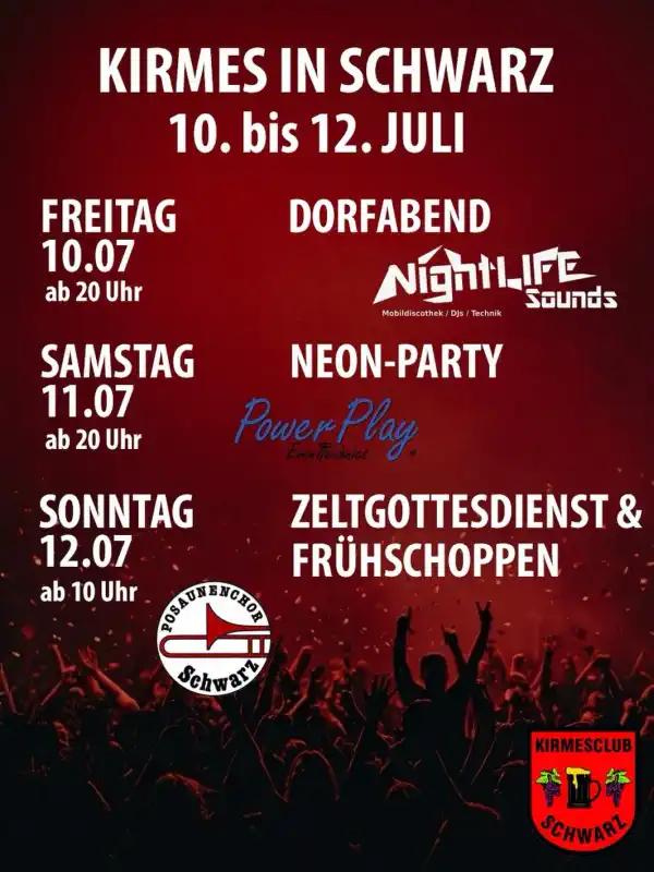 Die Kirmes Schwarz findet vom 10. bis 12. Juli 2026 statt und bringt wieder drei Tage lang beste Stimmung, Musik und Tradition in den Ort.