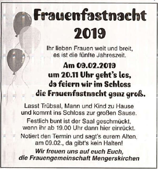Faschingssitzung Frauengemeinschaft Schloss Mengerskirchen 2019