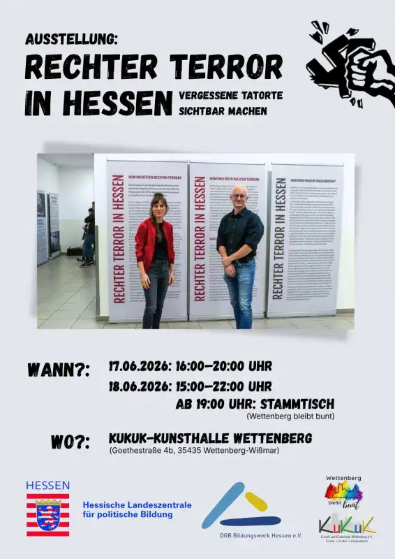 Am Mittwoch, den 17. Juni 2026, von 16:00 bis 19:00 Uhr, sowie Donnerstag, den 18. Juni 2026, von 15:00 bis 19:00 Uhr präsentieren Wettenberg bleibt bunt gemeinsam mit KuKuK Wettenberg die Wanderausstellung „Rechter Terror in Hessen“.