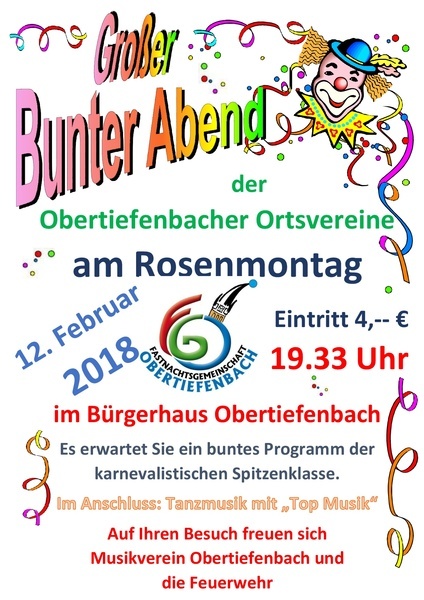 Bunter Rosenmontagsabend der Vereine Beselich-Obertiefenbach 2018