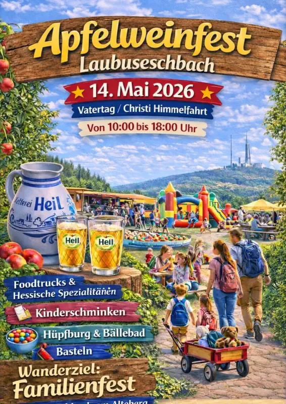 Am Donnerstag, 14. Mai 2026, lädt Laubuseschbach an Vatertag / Christi Himmelfahrt wieder zum beliebten Apfelweinfest ein.